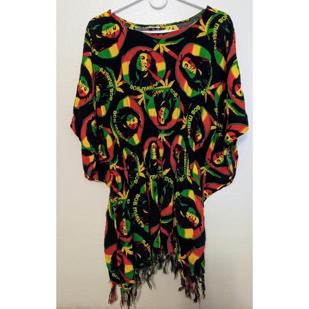 Vintage Bob Marley KARAN Kaftan Tunic Rayon Reggae Rasta Boho Festival SZ OSFM